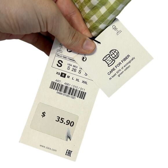 Zara Gingham Check Crop Tank Top NWT Women's Sz S Green White Casual Backless - Picture 3 of 6